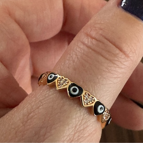 Pretty Bird Jewelry Jewelry - PRETTY BIRD JEWELRY 18K ROSE GOLD PLATED RING WITH BLACK ENAMEL EVIL EYE HEARTS
